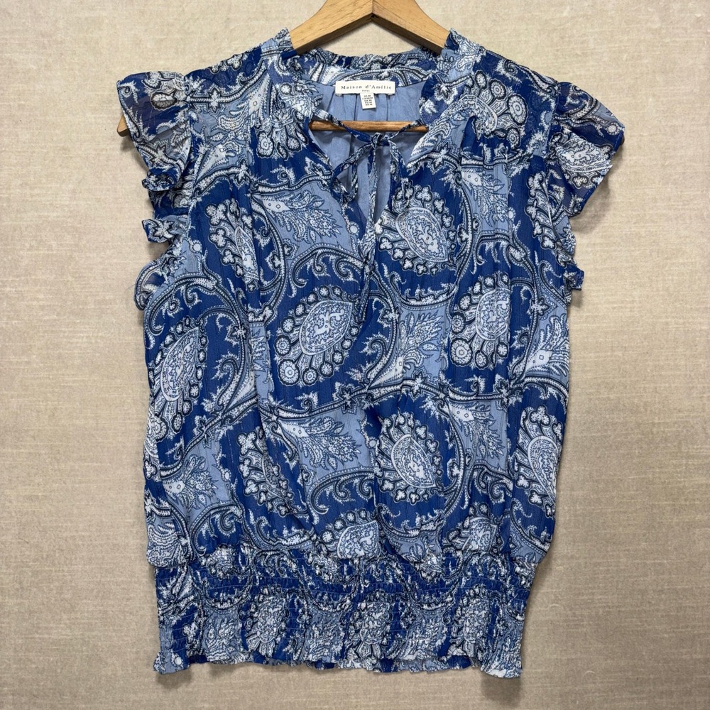 Maison dAmelie Blue Paisley Smocked Waist Ruffle Sleeve‎ Blouse Shirt Top M